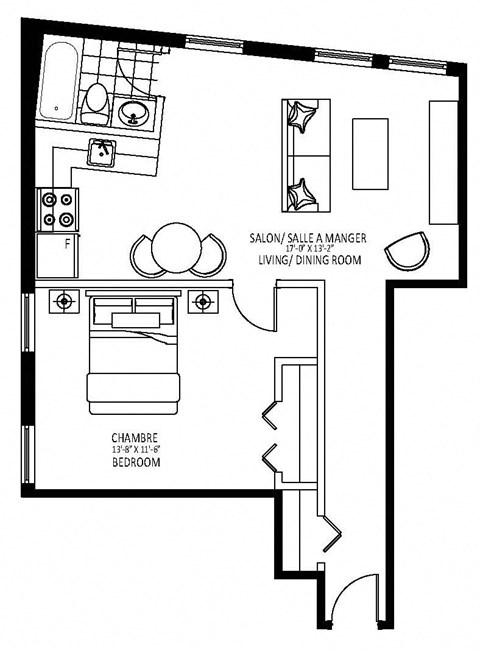 Floor plan for 1 bed, 1 bath
